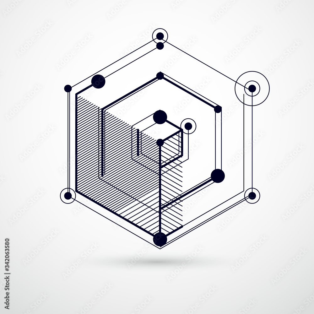 Trend isometric geometric pattern black and white background with bright blocks and cubes. Technical plan can be used in web design and as wallpaper or background. Perfect background for designs