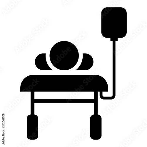 Patient lying on medical bed couch with dropper Man with dropping bottle Emergency therapy concept injecting resuscitation Intensive care icon black color vector illustration flat style image