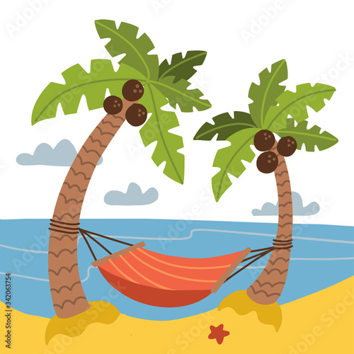 Vacation and travel concept. Red Hammock between coconut palm trees on Background of the sea. sand beach landscape. Cartoon flat vector stock illustration