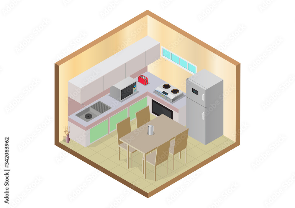 Fototapeta premium Vector isometric modern kitchen interior.