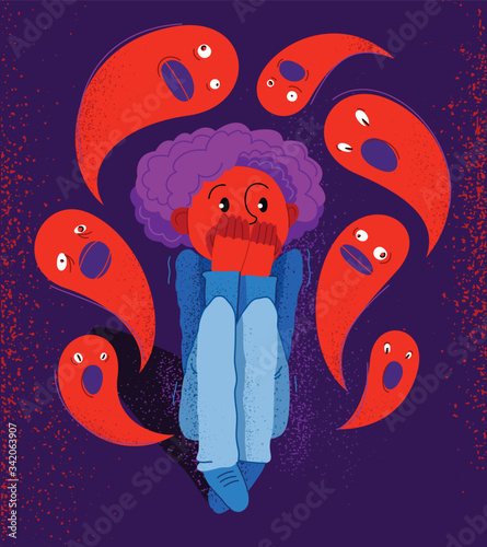 Phobia of ghosts and spirits paranormal vector illustration, boy scared in panic attack surrounded with imaginary ghosts flying around him, psychology and psychiatry.