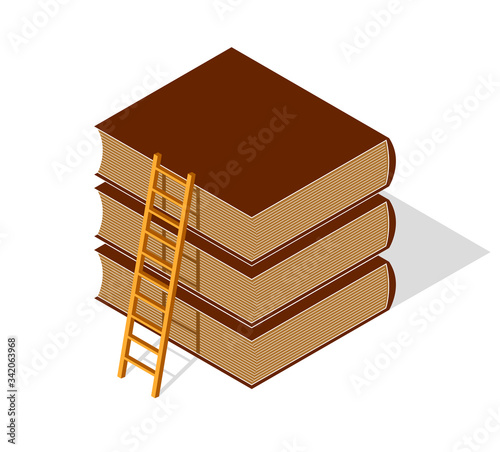 Education and knowledge concept shown with book and ladder to the top, vector concept illustration in 3d isometric style.