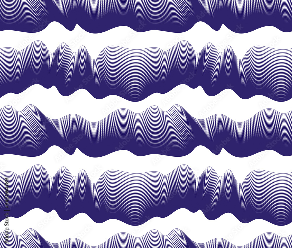 Chaotic waves seamless pattern, vector curve lines abstract repeat tiling background, blue color rhythmic waves.