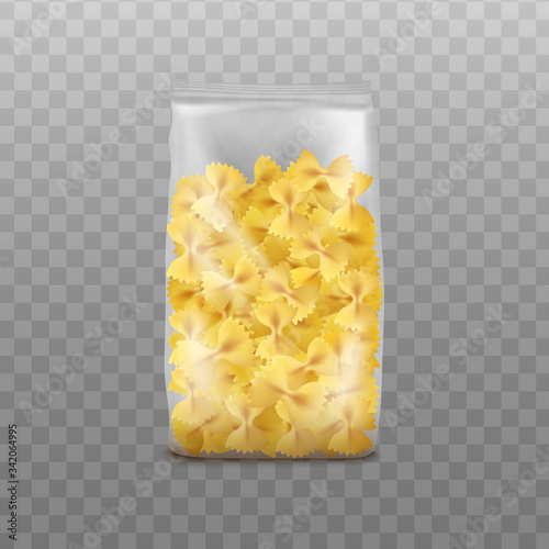 Farfalle pasta pack in clear plastic bag - isolated realistic mockup