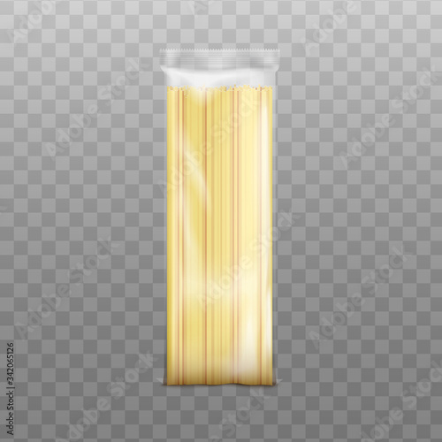 Spaghetti long pasta packaging template, realistic vector illustration isolated.