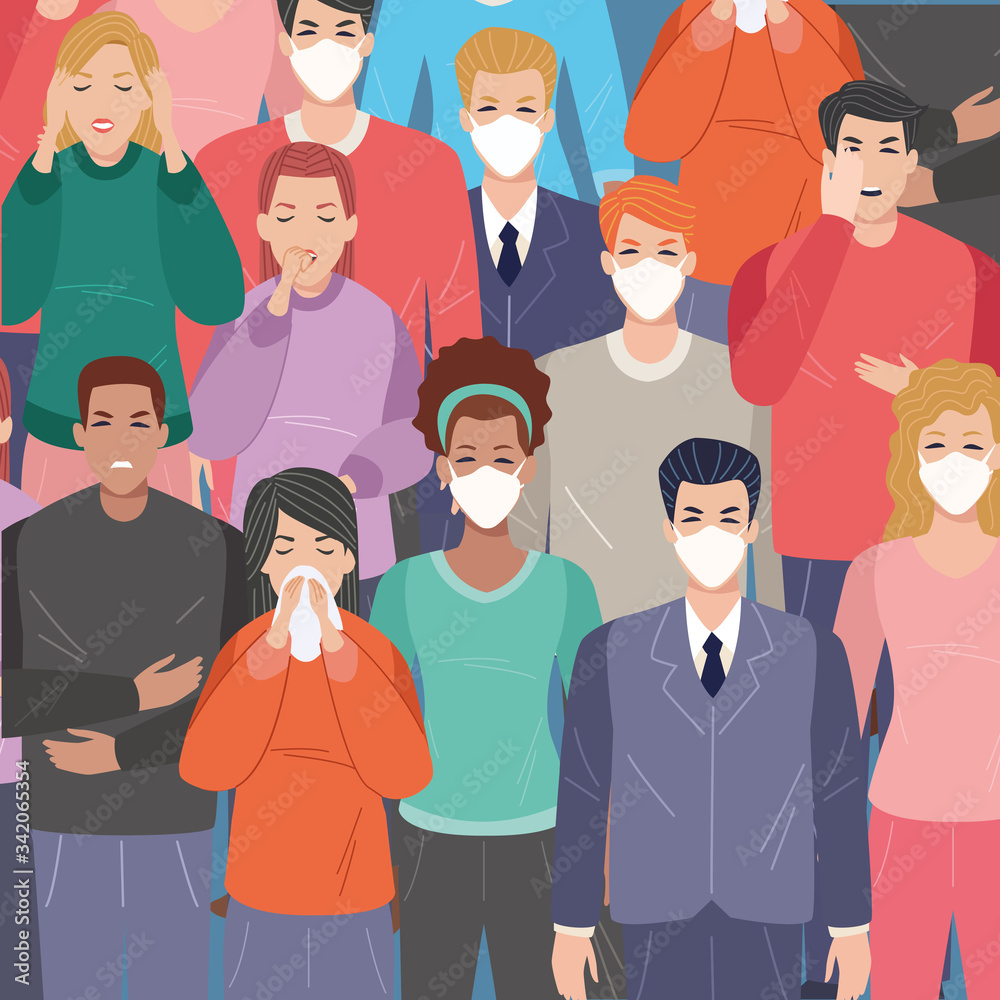 group of people sick with covid19 symptoms and others using face masks group of people sick with covid19 symptoms and others using face masks