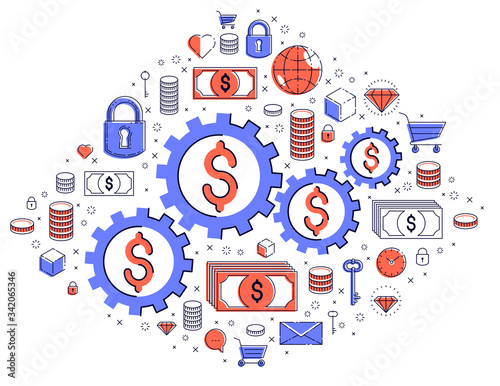 Economy system and business concept, gears and cogs mechanism with dollar signs and icon set, allegory design of systematic business and financial activity, vector illustration.