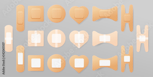 Medical plaster kit. Sticky adhesive plasters set with protective skin or cover. Wound sticker or bandage patch. Medical remedy band. Vector illustration