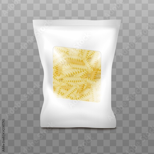Realistic fusilli pasta pack mockup -white plastic bag with clear window