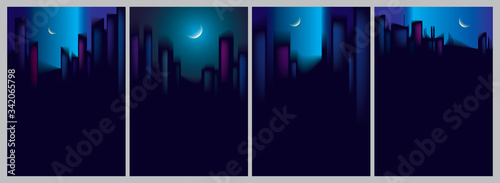 Night city skyscrapers silhouettes skyline vector illustrations set. Perfect minimal backgrounds with copy space for text.