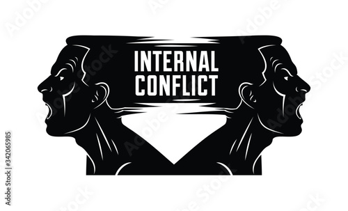 Ambivalence inner conflict and bipolar disorder mental health vector conceptual illustration or logo visualized by two face profiles screaming and shouting in anger.