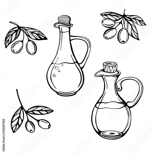 A hand-drawn set of olive oil bottles isolated on a white background. Olive branches and extra virgin oil. Vector Illustration in Doodle style