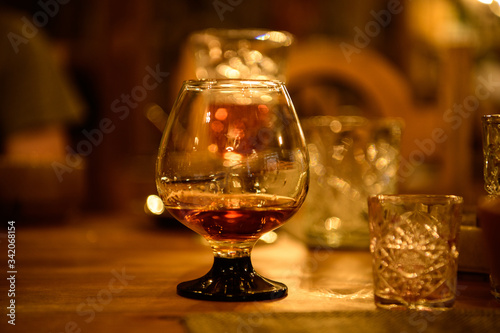 Cognac cup on the table in restaurant in Gyumri, Armenia. Luxury concept