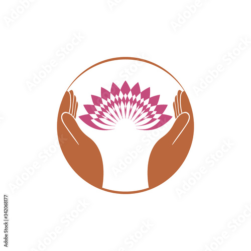 Logo design for spa salon with hands holding a beautiful pink lotus flower isolated on white background