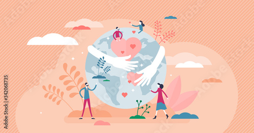 Earth hug vector illustration. Love, care planet flat tiny persons concept.
