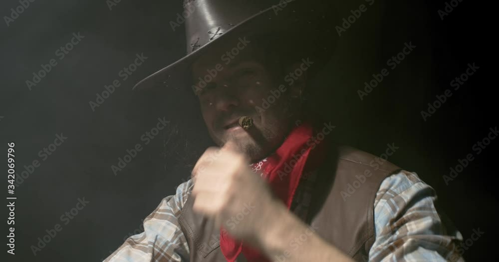 Cowboy aiming a gun starts laughing, smoky background, dark room, 4k