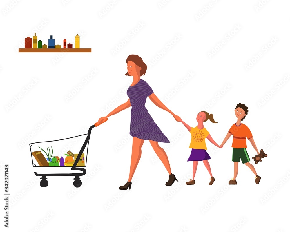 The family in the store buys food and resources for life