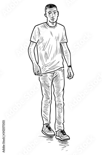 Sketch of casual young townsman walking outdoors