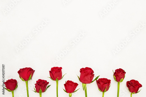 Red roses border. Mothers day, Valentines Day, Birthday celebration concept. Copy space, top view