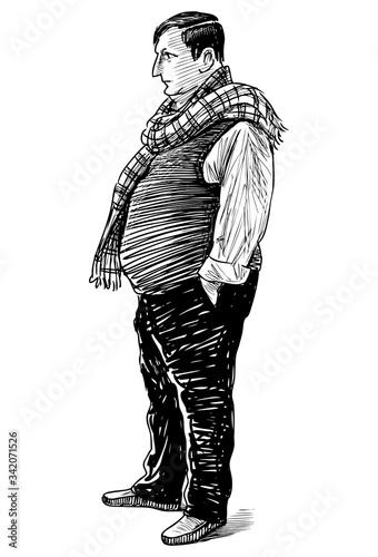 Sketch of obese man with checkered scarf standing and thinking