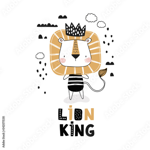 Cute cartoon little baby lion king card. Hand drawn illustration. Jungle animals and background.