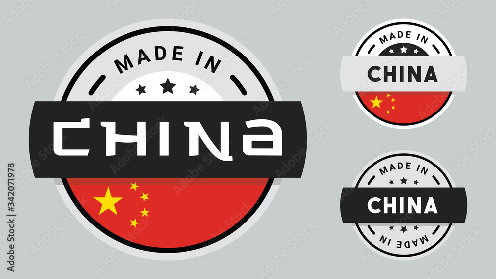 Made in China collection of ribbon, label, stickers, badge, icon and page curl with China flag symbol.
