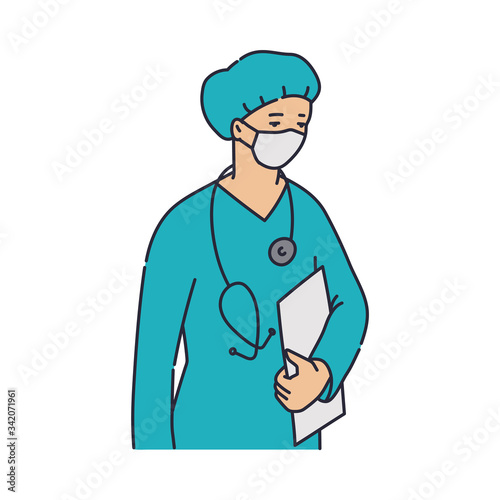 Cartoon hospital doctor in blue nurse uniform and medical mask