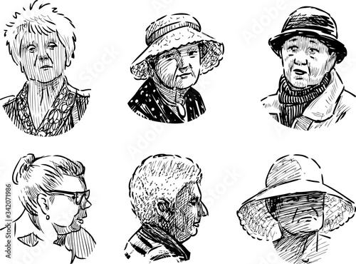 Sketches of faces various elderly women