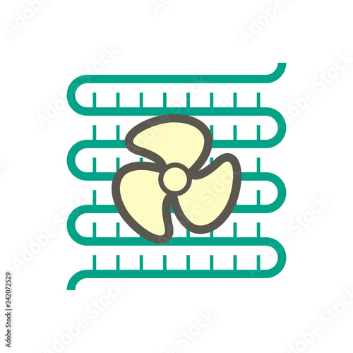 Condenser coil vector icon consist of copper oraluminium tube, fin, fan for hold refrigerant, gas pressure in air compressor of ductless mini split system, heating ventilation, air conditioning, hvac.