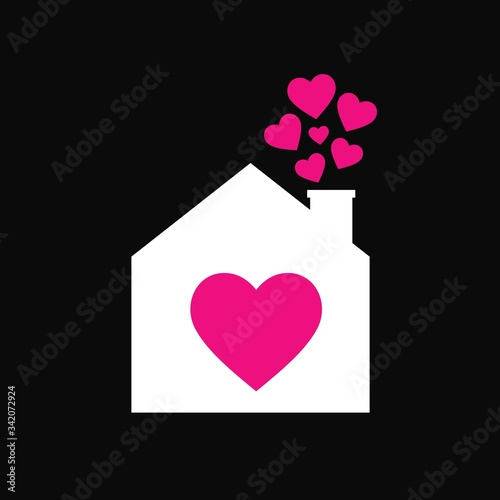 Love Home Logo Design. Stay at Home. House with Love Shape Within, House with Heart symbol illustration isolated on white background.