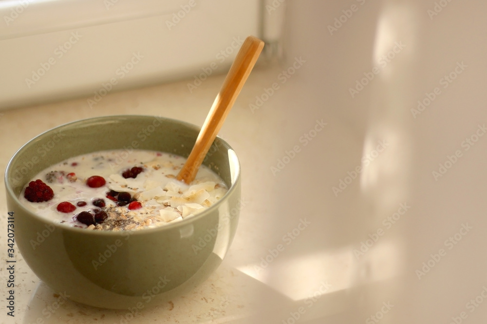 Breakfast bowl with oatmeal, berries and coconut chips, illuminated by morning sunlight. Selective focus. Breakfast bowl with oatmeal, berries and coconut chips, illuminated by morning sunlight. Selective focus.