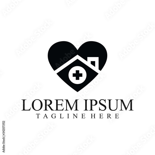 Love Home Logo Design. Stay at Home. Heart with House and Cross Shape Within, House with Heart symbol illustration isolated on white background.