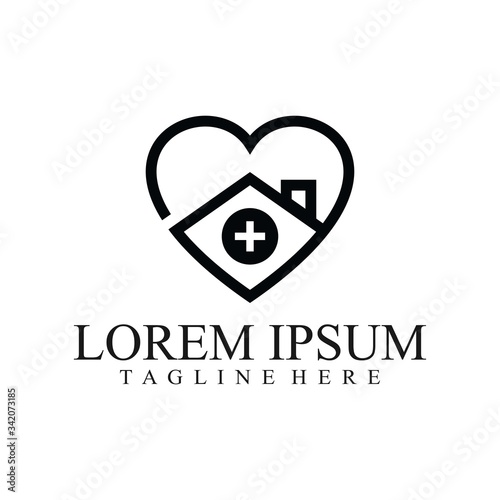 Love Home Logo Design. Stay at Home. Line Heart with House and Cross Shape Within, House with Heart Symbol Illustration Isolated on White Background.