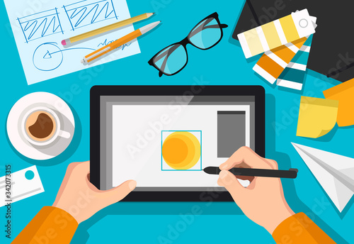 Vector flat style illustration of designers workplace in top view