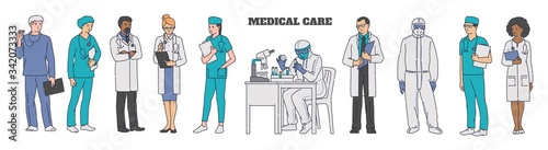 Cartoon doctor, nurse and scientist set - medical staff in protective uniforms