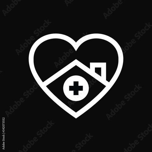 Love Home Logo Design. Stay at Home. Line Heart with House and Cross Shape Within, House with Heart Symbol Illustration Isolated on Black Background.