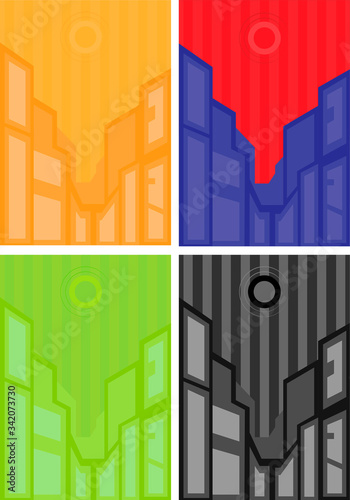 Abstract color figure with design elements. Four similar drawings of various colors.