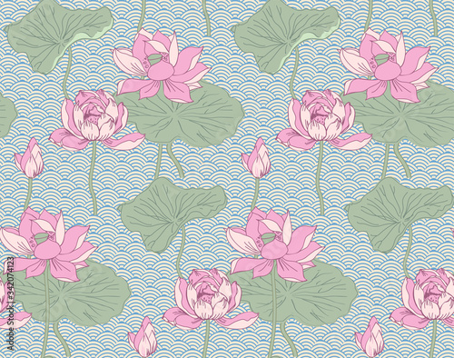 Lotus. Seamless pattern. Vector illustration. Suitable for fabric  wrapping paper  digital paper  wall paper and the like