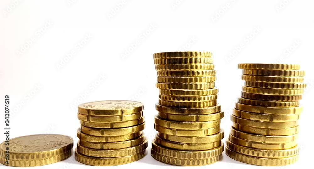 growing columns of golden coins with a white background, representing economic growth in prigression growing columns of golden coins with a white background, representing economic growth in prigression
