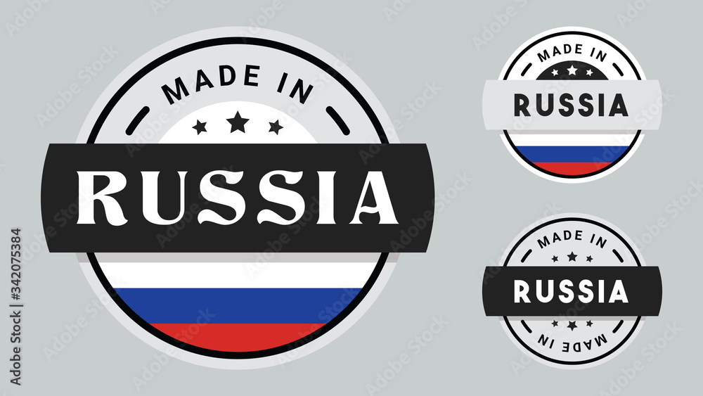 Made in Russia collection of ribbon, label, stickers, badge, icon and page curl with Russia flag symbol.