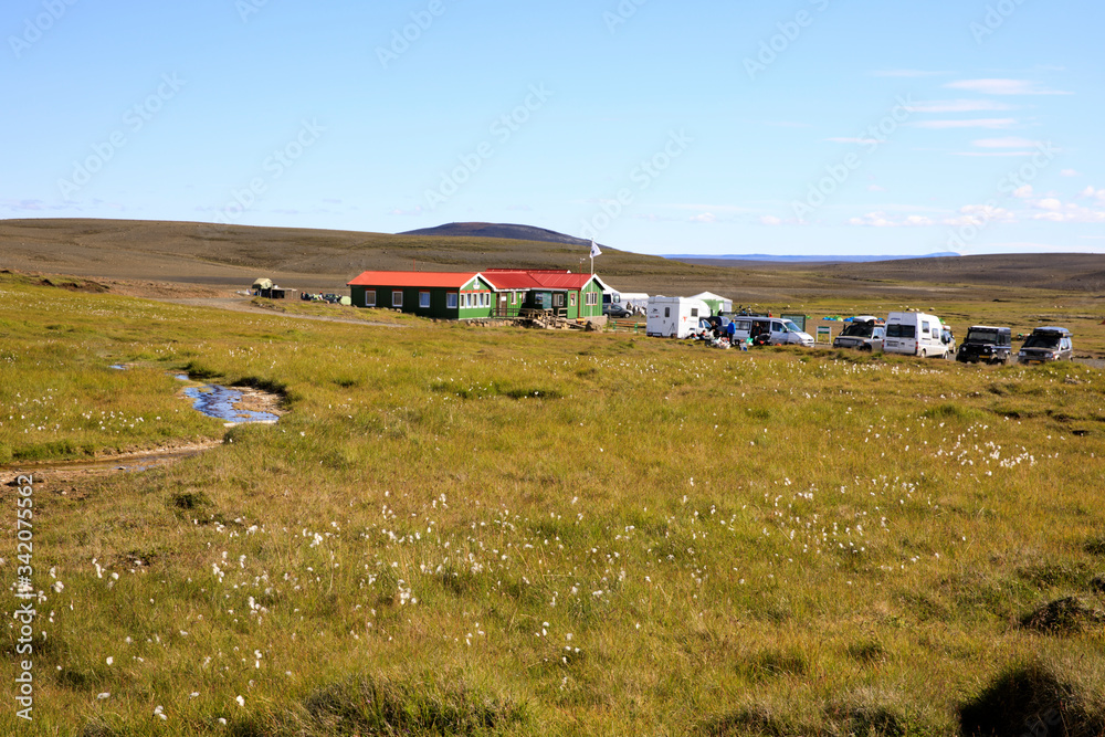 Hveravellir / Iceland - August 25, 2017: Camping at Hveravellir a geothermal and sulfur area, Iceland, Europe