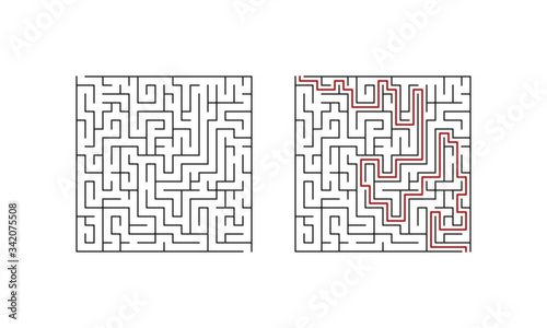 Labyrinth maze game for children. Second level. Simple task with solution. Black white and red. Vector illustration.