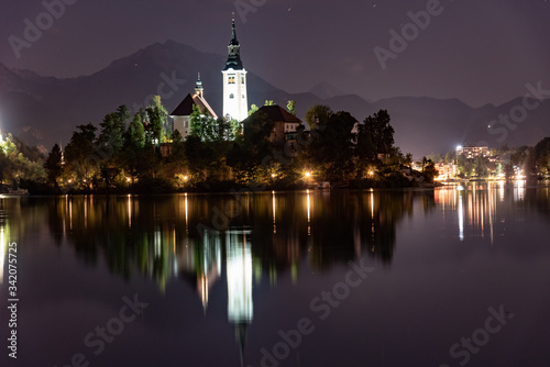 Panorama on Lake Bled in Slovenia at night