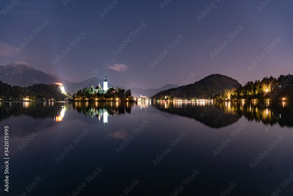 Panorama on Lake Bled in Slovenia at night Panorama on Lake Bled in Slovenia at night