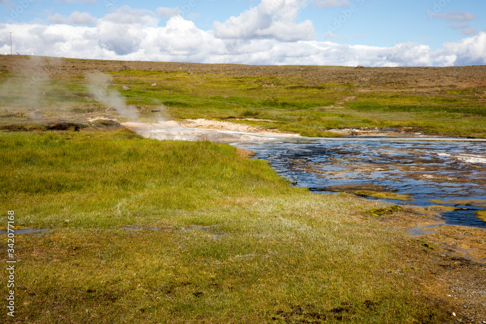 Hveravellir / Iceland - August 25, 2017: Landscape at Hveravellir a geothermal and sulfur area, Iceland, Europe Hveravellir / Iceland - August 25, 2017: Landscape at Hveravellir a geothermal and sulfur area, Iceland, Europe