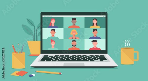 people connecting together, learning or meeting online with teleconference, video conference remote working on laptop computer, work from home and anywhere, new normal concept, vector illustration photo