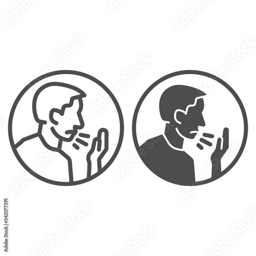 Human avatar with sore throat line and solid icon. Ill person with flu disease symbol, outline style pictogram on white background. Coronavirus infection sign concept and web design. Vector graphics.