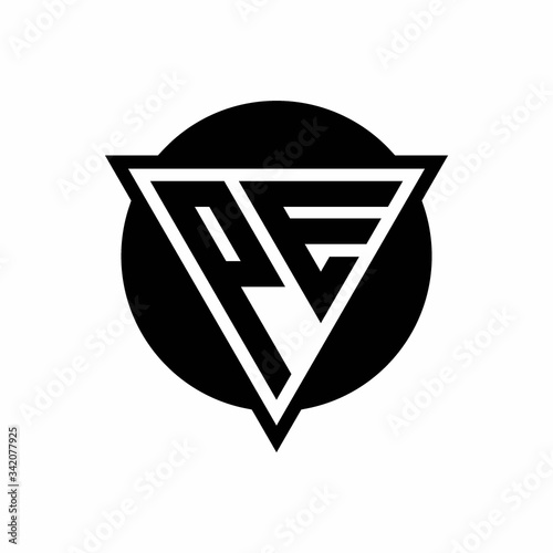 PE logo with negative space triangle and circle shape design template