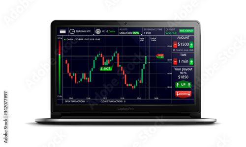 Binary options, trading platform, trading exchange interface on the screen of a realistic black laptop on an isolated background, vector illustration