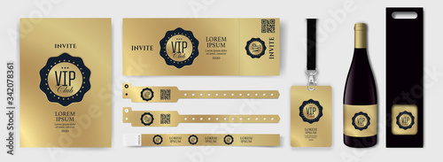 Set with design templates for VIP invitation, access bracelets, lanyard, ticket, wine bottle and wine packaging. Golden and black colors.